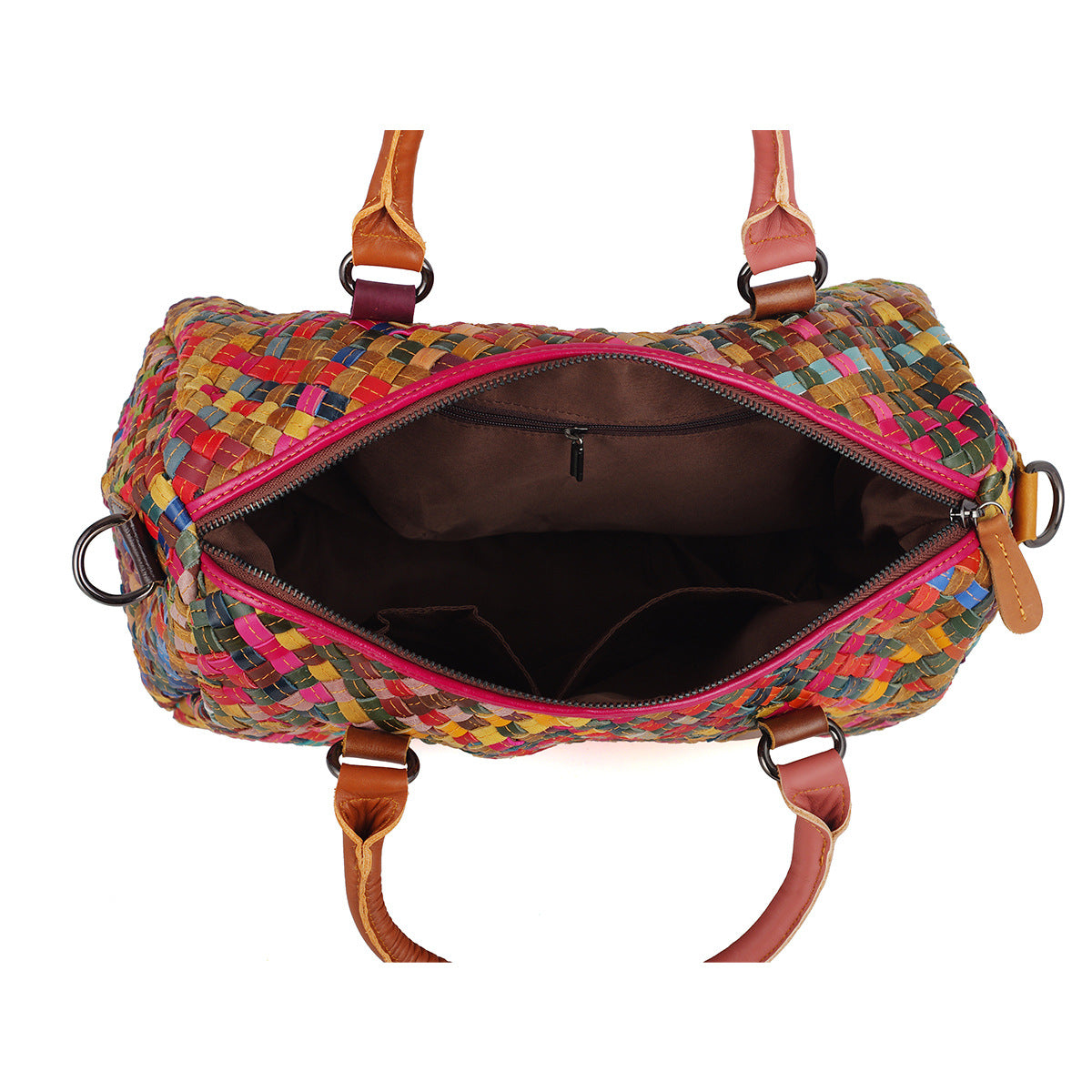 Colorful Color Block Woven Genuine Leather Bag, Ethnic Trendy Shoulder Crossbody Top Handle Purse, Casual Handbag for Women