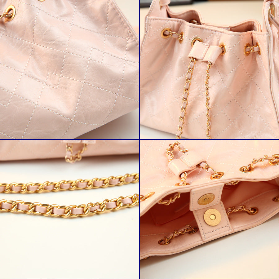 Quilted Drawstring Bucket Bag for Women Creamy Chain Shoulder Crossbody Handbag, Soft Versatile Purse with Sweet Spring Style