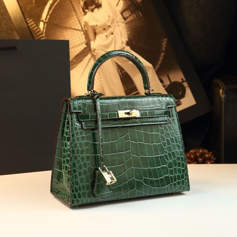 Women's Genuine Leather Croc-Embossed Kelly-Style 2.0 Top Handle Bag – Luxury Convertible Shoulder & Crossbody Purse, Bestseller Designer Handbag for Everyday Elegance