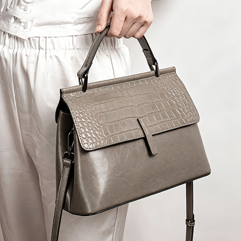 Genuine Waxed Cowhide Crocodile-Embossed Crossbody Bag for Women, New Versatile Shoulder Top Handle Purse, Fashionable Everyday Handbag for Ladies