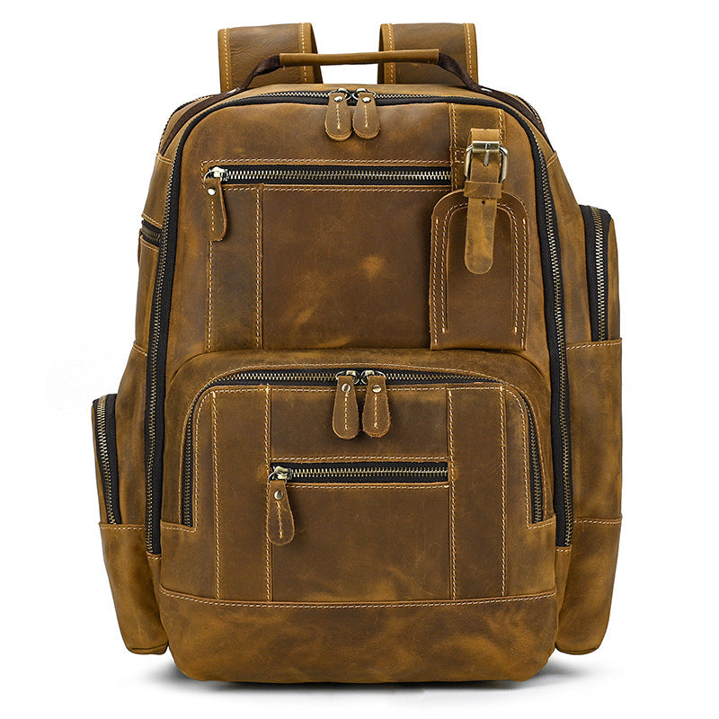 Multifunctional Crazy Horse Leather Large Capacity Backpack, Outdoor Travel School Daypack, Fits 15-Inch Laptop for Men