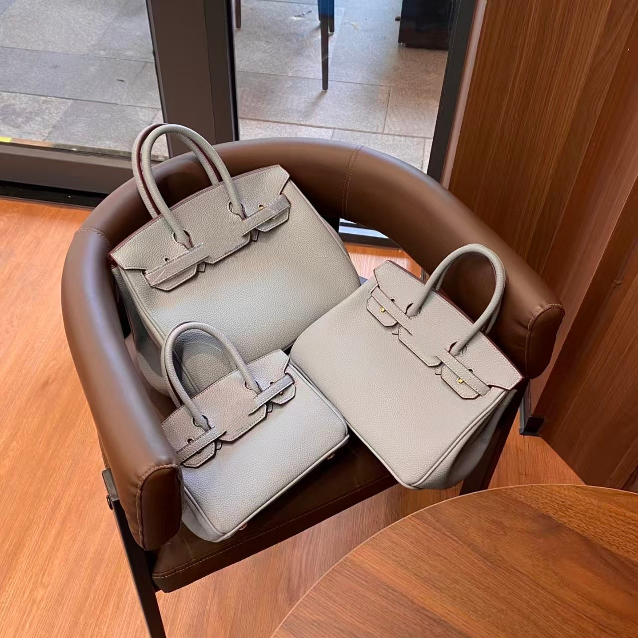 Genuine Togo Top Layer Cowhide Birkin-Style Bag with Waxed Thread Stitching, Full Steel Hardware Lock Top Handle Handmade Purse, Premium Leather Bag for Ladies