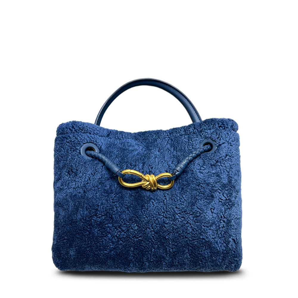 New Fall/Winter Lamb Wool Woven Tote with Metal Buckle, Vintage Large Commuter Shoulder & Crossbody Bag for Women