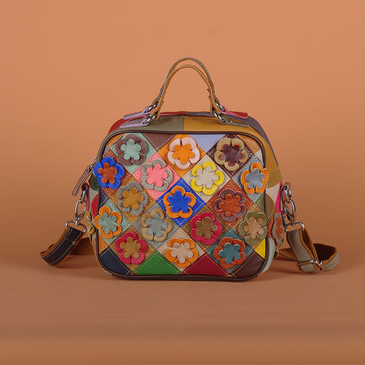 Handmade Floral Patchwork Genuine Leather Bag, Colorful Diamond Quilted Small Square Crossbody Shoulder Purse, Stylish Handbag for Women