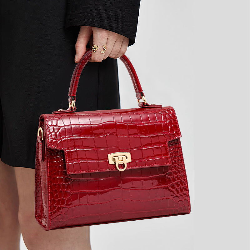 Genuine Leather Glossy Crocodile-Embossed Handbag for Women, 2026 New Lock Buckle Large Capacity Shoulder Crossbody Purse, Trendy Bag for Ladies