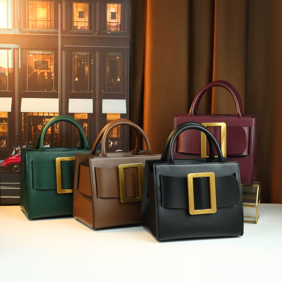 Square Buckle Mini Bag for Women Niche Designer Top Handle Purse, Premium Solid Color Shoulder Crossbody Handbag with Elegant Hardware Accent