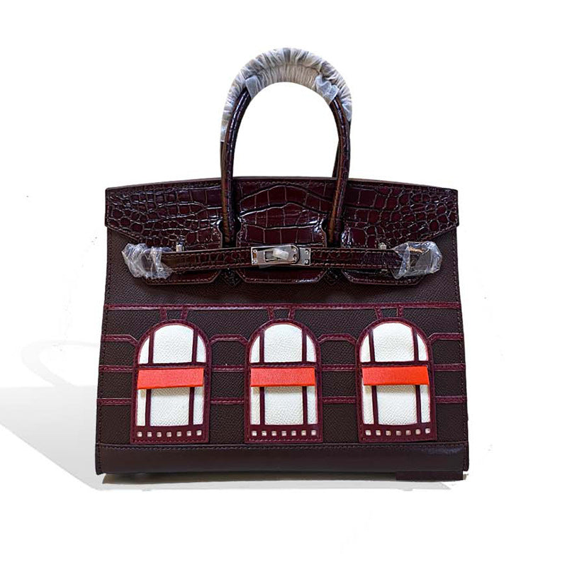 New Arrival Croc-Effect Genuine Leather House-Shaped Bag for Women, A High-End Versatile Top-Handle Shoulder Crossbody Handbag with Fashionable Premium Design