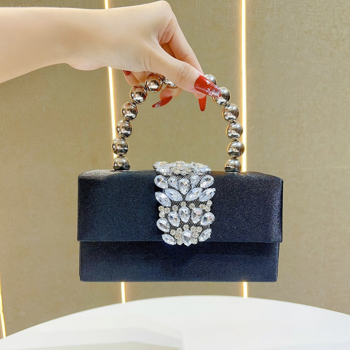 Chic French-Style Sparkly Rhinestone Box Clutch for Women, A Luxurious Silk Satin Small Square Bag with Elegant Pearl Accents & Removable Crossbody Strap, Perfect for Banquets Weddings & Formal Evening Events
