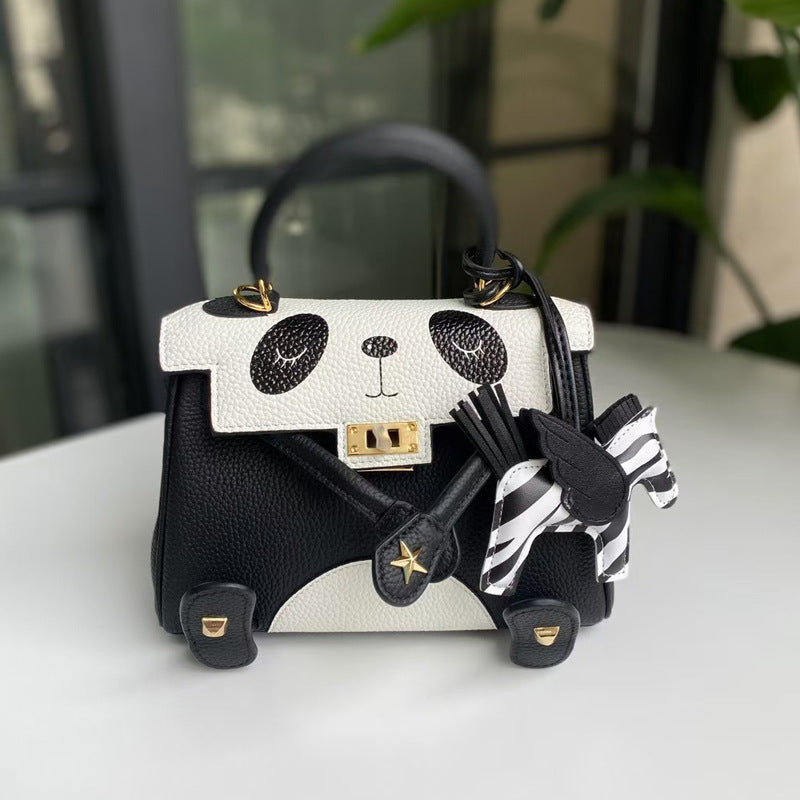 2026 new first-layer cowhide spoof smiley face small bag graffiti Kelly bag panda bag genuine leather portable messenger bag