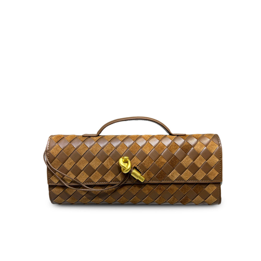 Matte leather spliced woven clutch, vintage metal latch evening bag, fashionable baguette bag for women