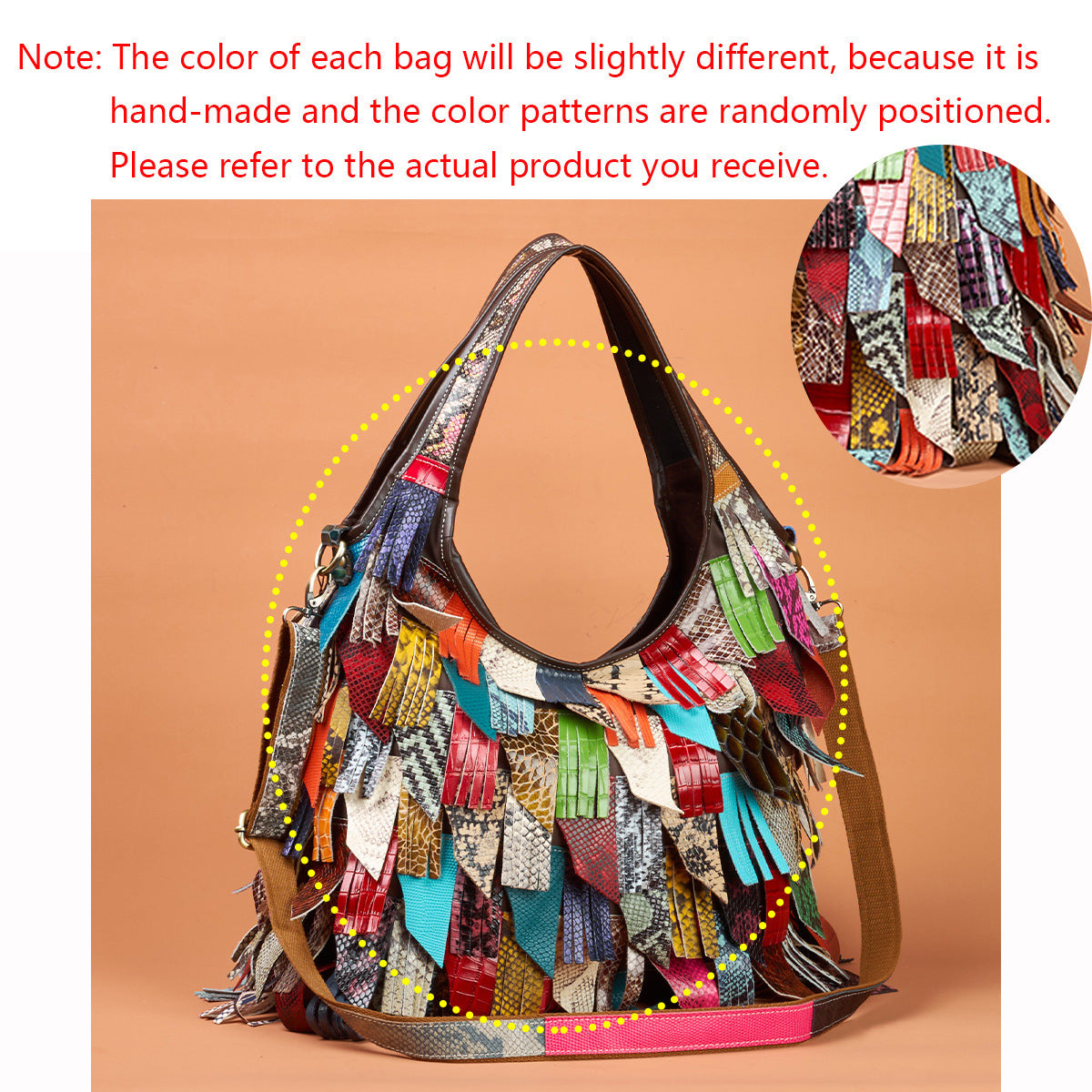 Genuine Leather Colorful Tassel Handbag for Women, Patchwork Design Crossbody Shoulder Bag, Trendy Fringe Tote Purse for Ladies