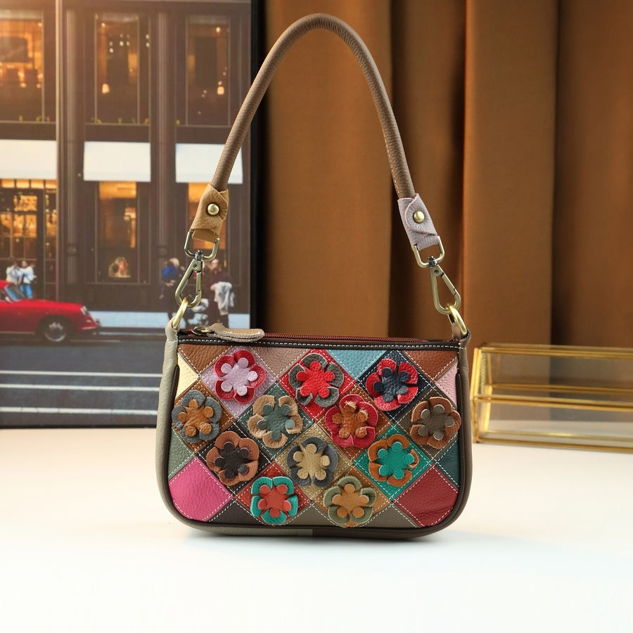 Handcrafted Patchwork Floral Quilted Mini Square Bag for Women Genuine Leather Lightweight Shoulder Crossbody Purse