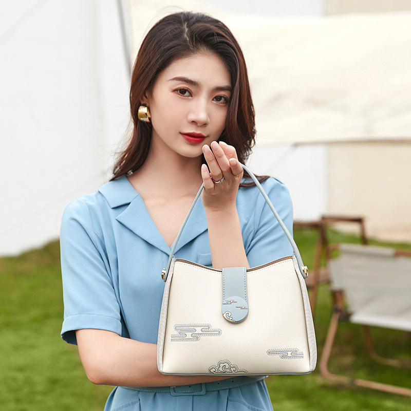 Women's Genuine Leather Small Bucket Cross-Body Shoulder Bag, New Top-Handle Handbag with Color-Block Embossed Pattern, Versatile Everyday Purse for Work, Travel & Casual Outings