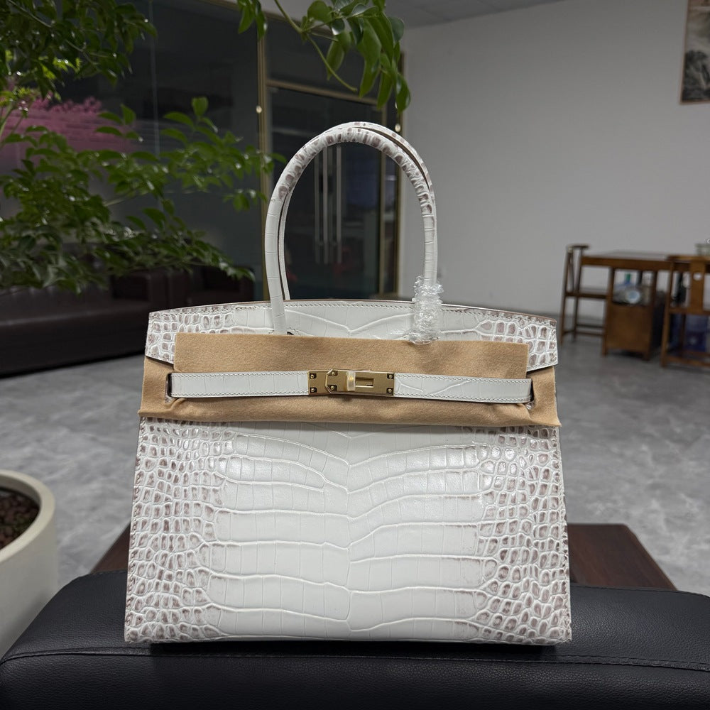 Genuine Top Layer Cowhide Crocodile-Embossed Birkin-Style 30 Bag for Women, External Stitching Hand-Stitched Waxed Thread with Steel Hardware, Burnished Edge Finish Handbag for Ladies