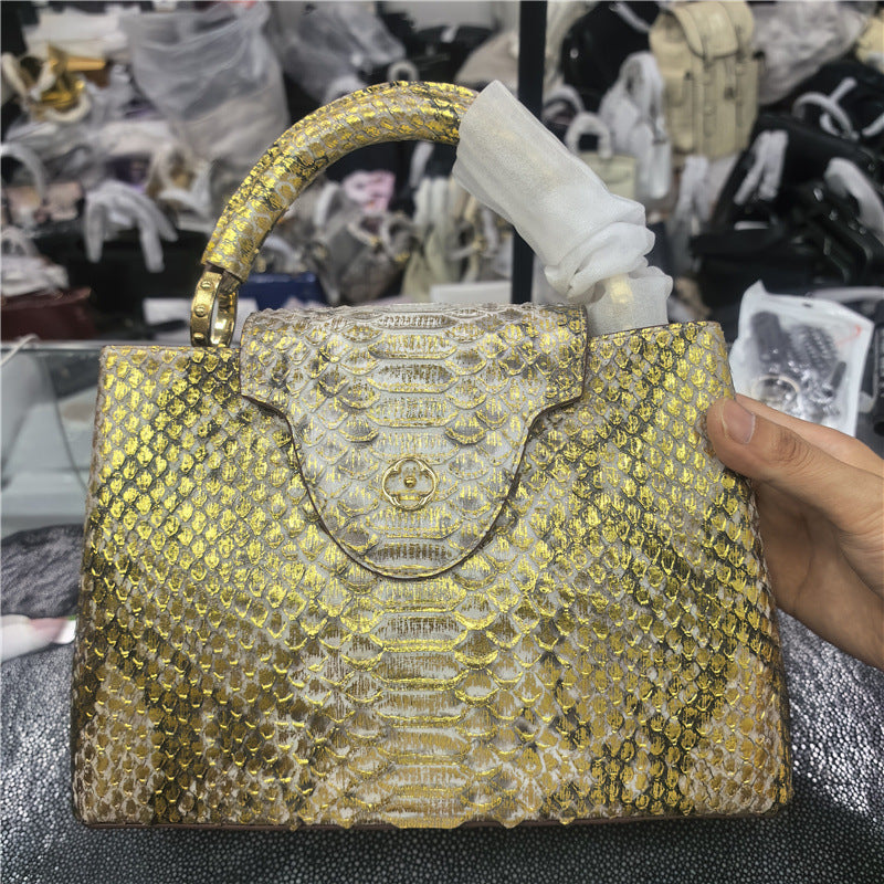 Genuine Leather Iridescent Snakeskin Tote Bag for Women Large Capacity Multi-Compartment Shoulder Crossbody Handbag with Luxury Finish