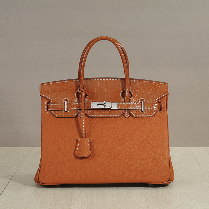 Genuine Top Layer Cowhide Patchwork Handbag for Women, New Pebbled & Crocodile-Embossed Crossbody Top Handle Purse, Trendy Leather Bag for Ladies