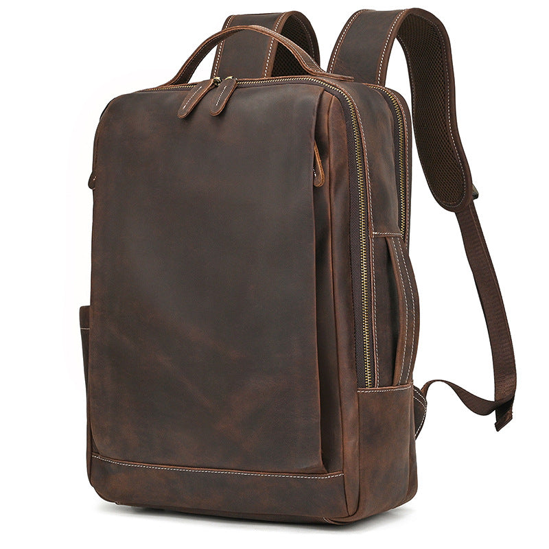 Men's Crazy Horse Leather Backpack Vintage Travel Daypack for Women Students, Genuine Leather Casual Rucksack Large Capacity