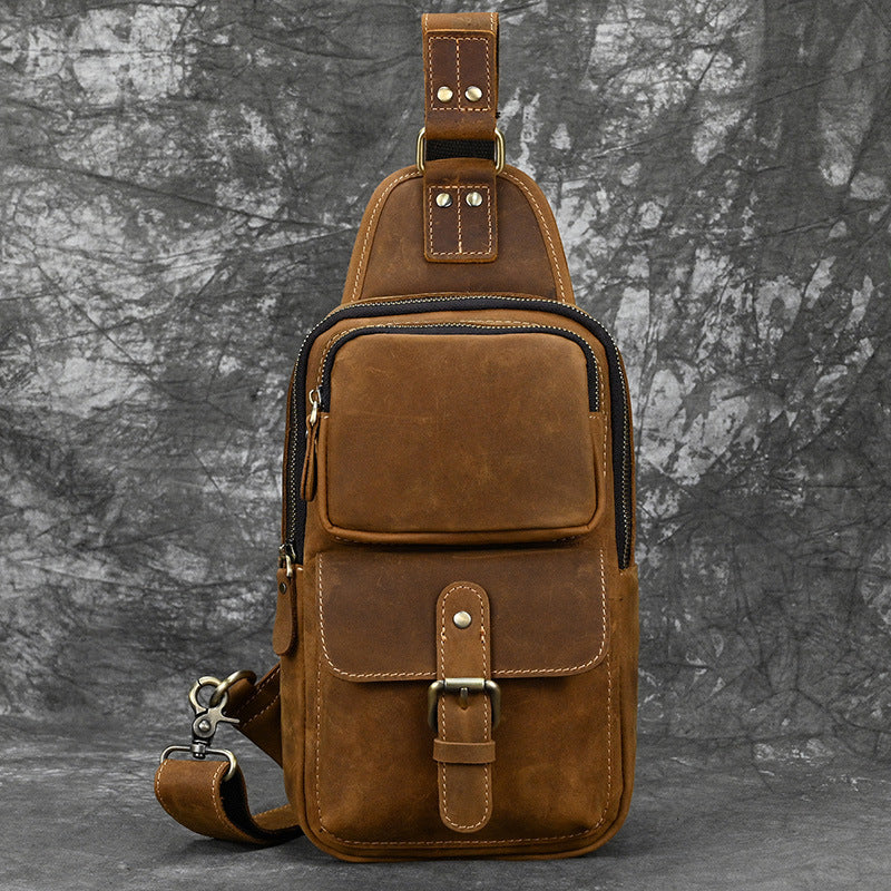 Crazy Horse Leather Minimalist Chest Bag, Casual Crossbody Shoulder Pouch, Outdoor Commute Bag for Men