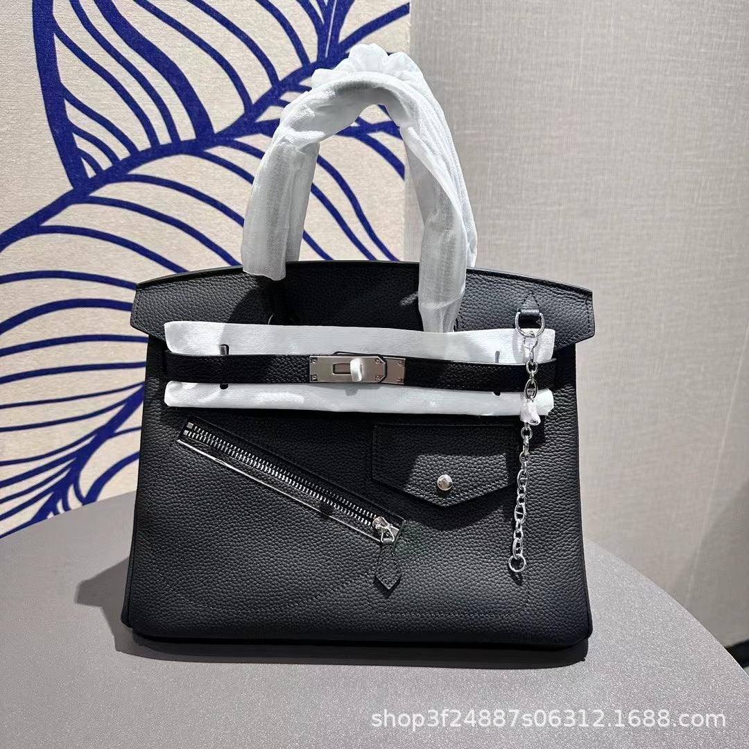 New Arrival Top-Layer Cowhide Leather Biker Birkin-Inspired Tote Bag for Women, Front Zipper Detail with Spacious Large Capacity, Versatile Top-Handle Crossbody Handbag for Everyday Style