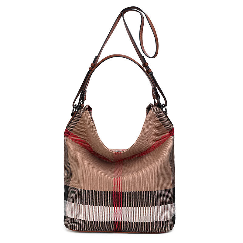 2026 New Premium Leather Trim Canvas Bucket Bag, Large Capacity Casual Shoulder Purse, Trendy Plaid Handbag for Women