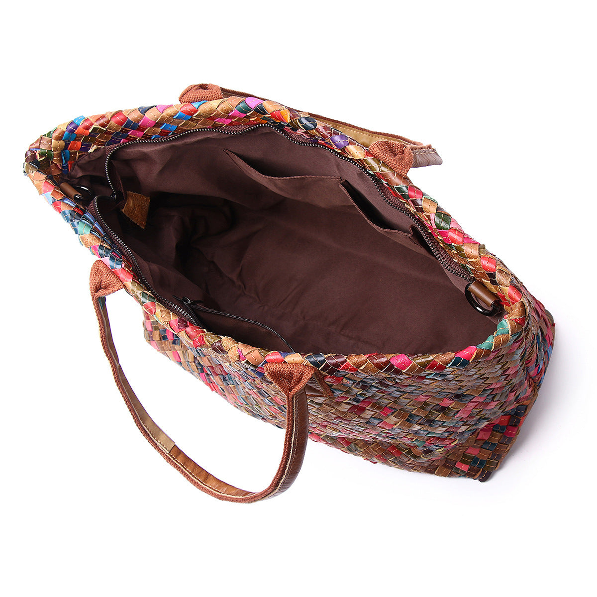 Colorful Stripe Woven Genuine Cowhide Tote, Fashion Designer Shoulder Crossbody Purse, Trendy Handbag for Women