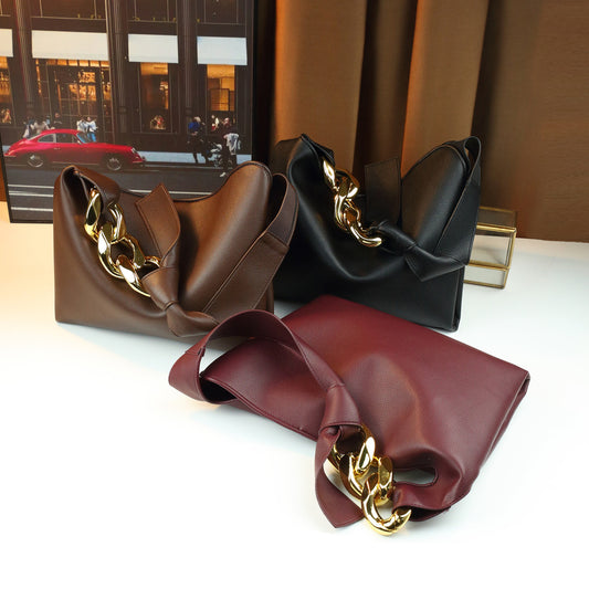 Large Chain Handle Soft Leather Tote Bag for Women Vintage Shoulder Handbag with Detachable Sub-Bag, Minimalist Work Purse for Everyday Style