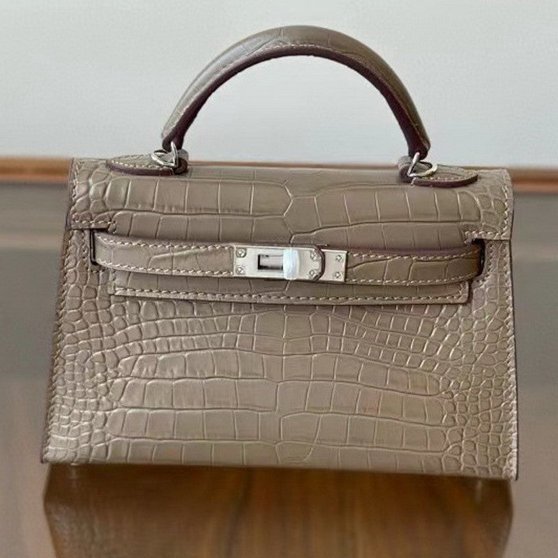 Genuine Leather High-Gloss Crocodile-Embossed Kelly-Style Bag for Women, New 2nd Gen Mini Top Handle Shoulder Purse, Premium Handbag for Ladies
