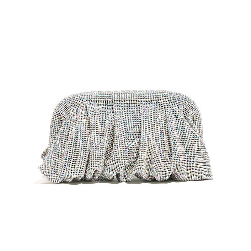 Light Luxury Handmade Rhinestone Evening Clutch for Women, Sparkly Pleated Party Bag, Crystal-Studded Shoulder Crossbody Purse for Formal Events
