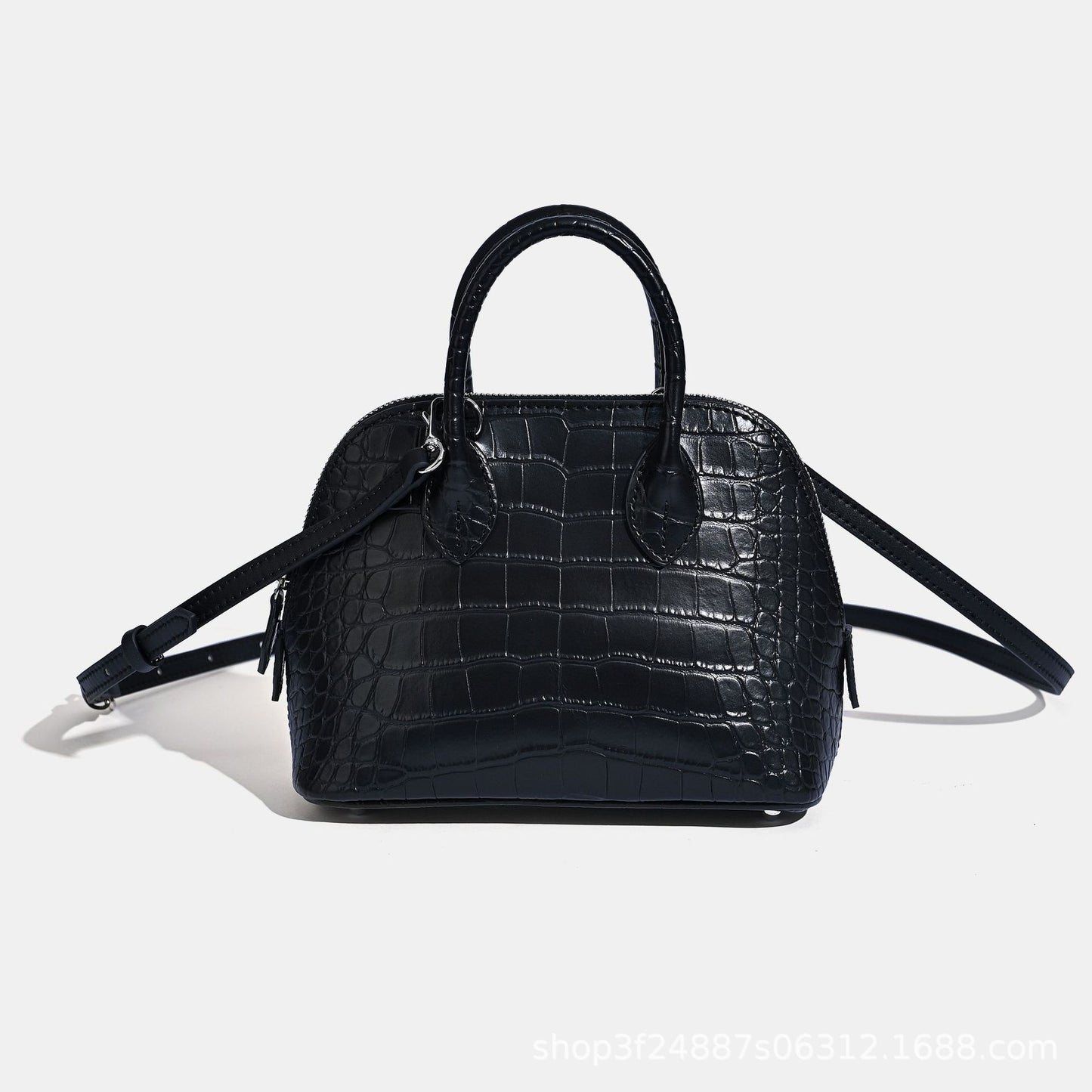 New Arrival Croc-Effect Genuine Leather Bowling Shell Bag for Women, A Mini Top-Handle Crossbody Commuter Handbag with Trendy Versatile Design