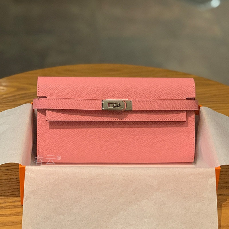 Genuine Togo Leather Long Wallet Clutch for Women, Hermès-Inspired Kelly-Style Money Holder, Premium Epsom Leather Phone Bag for Ladies