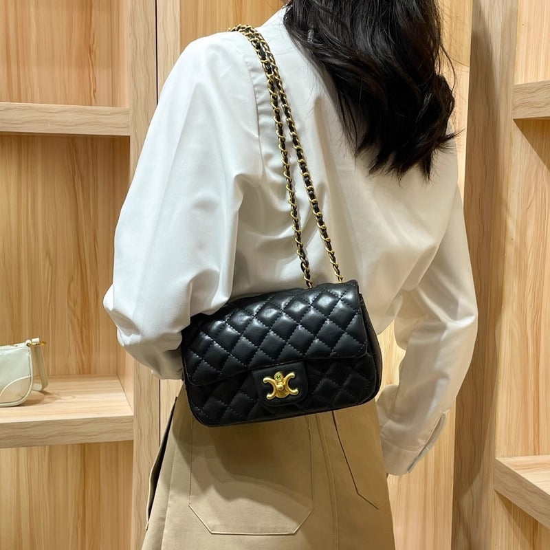 香港真皮链条腋下包包女2026新款夏小众高级感菱格单肩包斜挎方包
