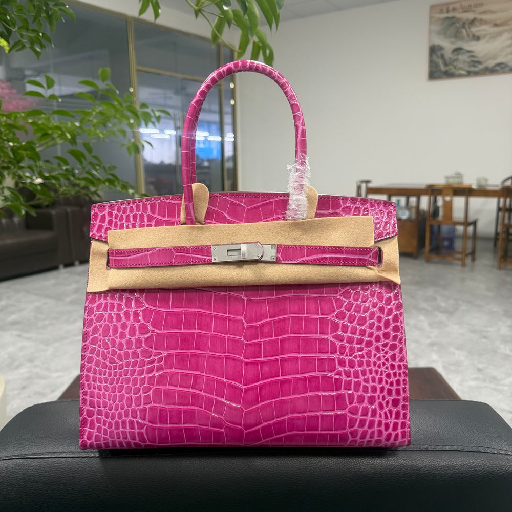 Genuine Top Layer Cowhide Crocodile-Embossed Birkin-Style 30 Bag for Women, External Stitching Hand-Stitched Waxed Thread with Steel Hardware, Burnished Edge Finish Handbag for Ladies