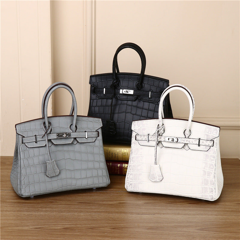 New Arrival Himalayan White Croc-Effect Birkin-Inspired Tote Bag for Women, Premium Genuine Leather Large Capacity Turn-Lock Top-Handle Shoulder Handbag, Perfect for Banquets & Everyday