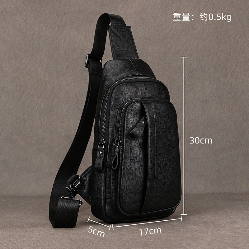 Black Genuine Leather Large Capacity Chest Bag, Casual Crossbody Shoulder Pouch Fits iPad, Premium Cowhide Travel Pack for Men
