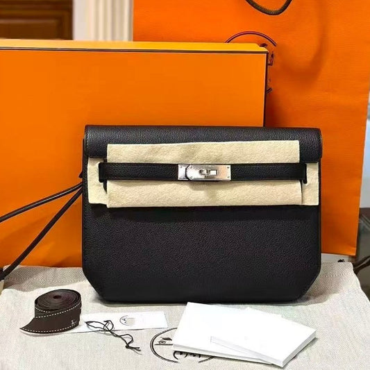 Genuine Leather Kelly-Style Messenger Bag for Women, 2025 Hermès-Inspired Palm Texture Lock Clasp Shoulder Crossbody Top Handle Purse, Trendy Casual Small Square Handbag for Ladies
