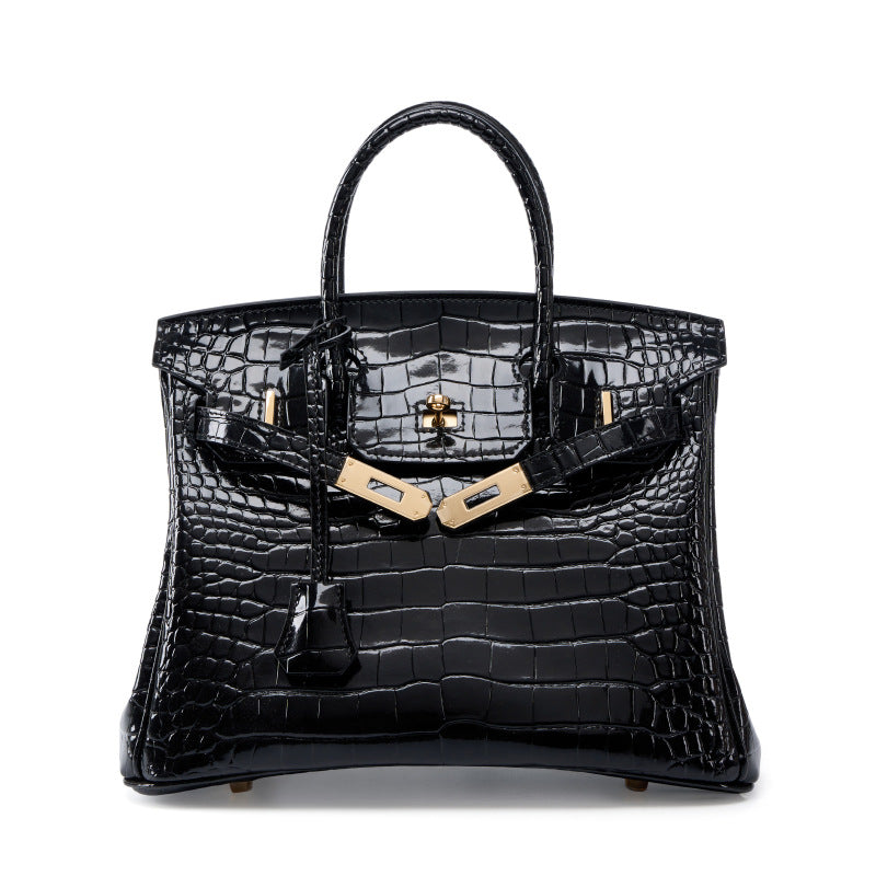 Genuine White Top Layer Cowhide Crocodile-Embossed Birkin-Style Bag for Women, Large Capacity Commute Top Handle Shoulder Purse, Premium Handbag for Ladies