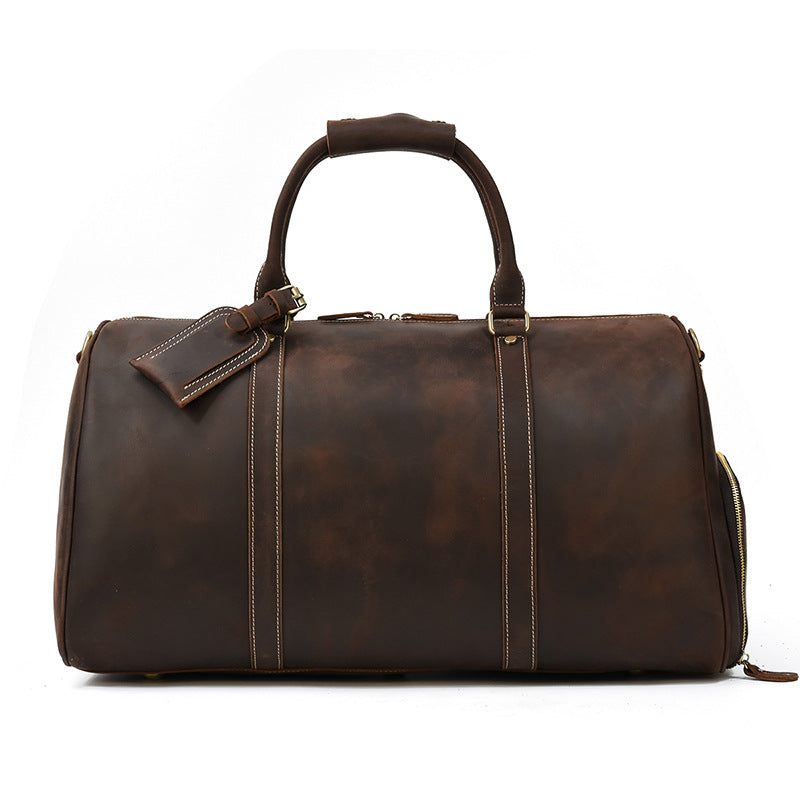 Vintage Crazy Horse Leather Large Capacity Travel Duffle with Shoe Compartment, Top Handle Gym Bag, Premium Cowhide Weekender for Men