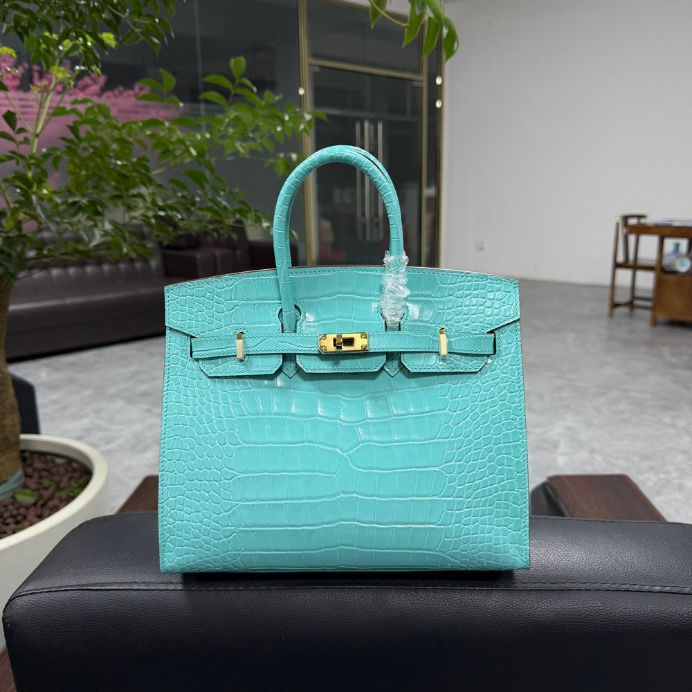 Genuine Top Layer Cowhide Crocodile-Embossed Birkin-Style 25 Bag for Women, External Stitching Hand-Stitched Waxed Thread with Steel Hardware, Lambskin Lining Handbag for Ladies