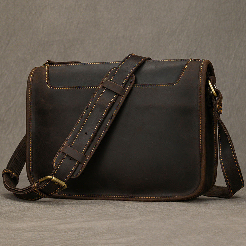 Vintage Crazy Horse Leather Shoulder Crossbody Bag, Genuine Cowhide Pouch, Casual Men's Bag