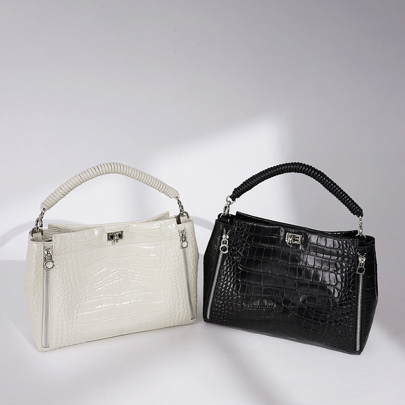 New Arrival Croc-Effect Genuine Leather Bucket Bag for Women, A Minimalist Light Luxury Top-Handle Shoulder Handbag with Large Capacity & Versatile Everyday Design