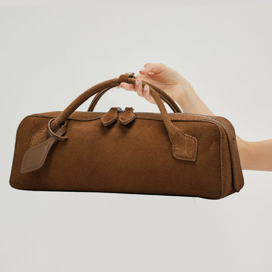 Genuine Suede Leather Baguette Bag for Women, New Vintage Large Capacity Top Handle Handbag, Matte Cowhide Sausage Shoulder Purse for Ladies