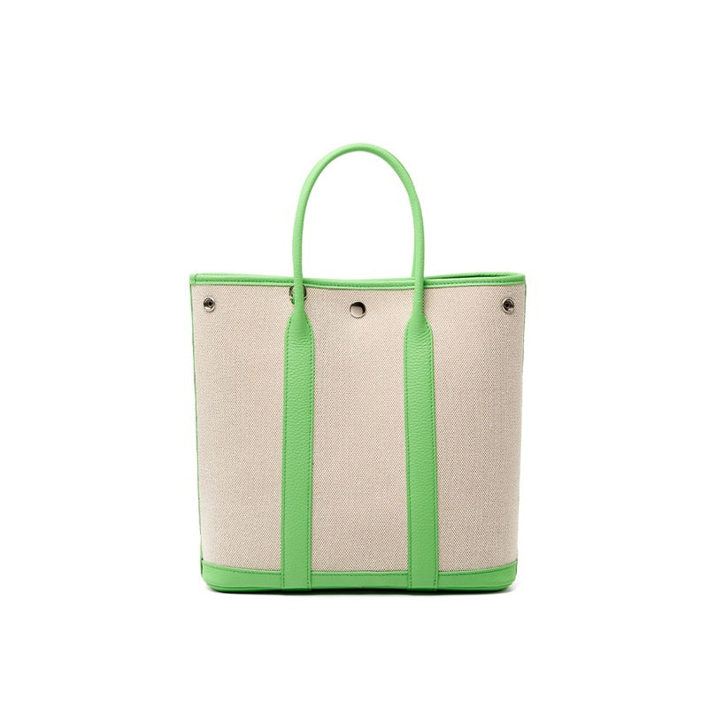 Canvas & Leather Garden Bag in Top Layer Cowhide, Premium Large Capacity Top Handle Purse, Perfect Notebook Handbag for Women