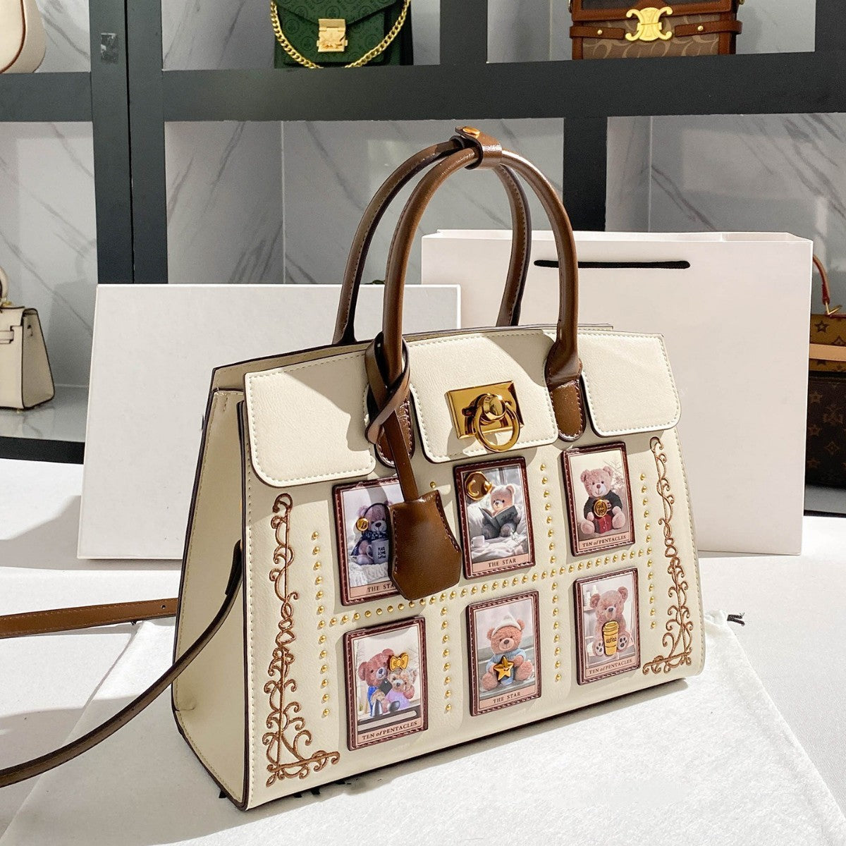 New Arrival Vintage Embroidered Birkin-Inspired Tote Bag for Women, Premium Large Capacity Top-Handle Shoulder Handbag with Exquisite Print Detail, Fashionable Everyday Purse