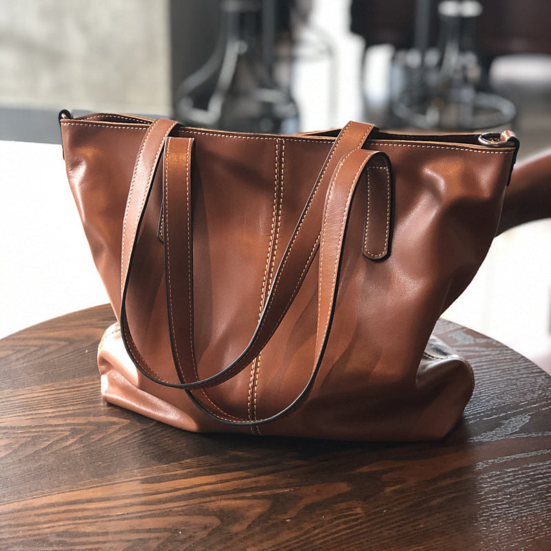 Genuine Top Layer Cowhide Tote Bag for Women, Fall Winter Large Capacity Shoulder Crossbody Purse, Urban Minimalist Everyday Handbag for Ladies