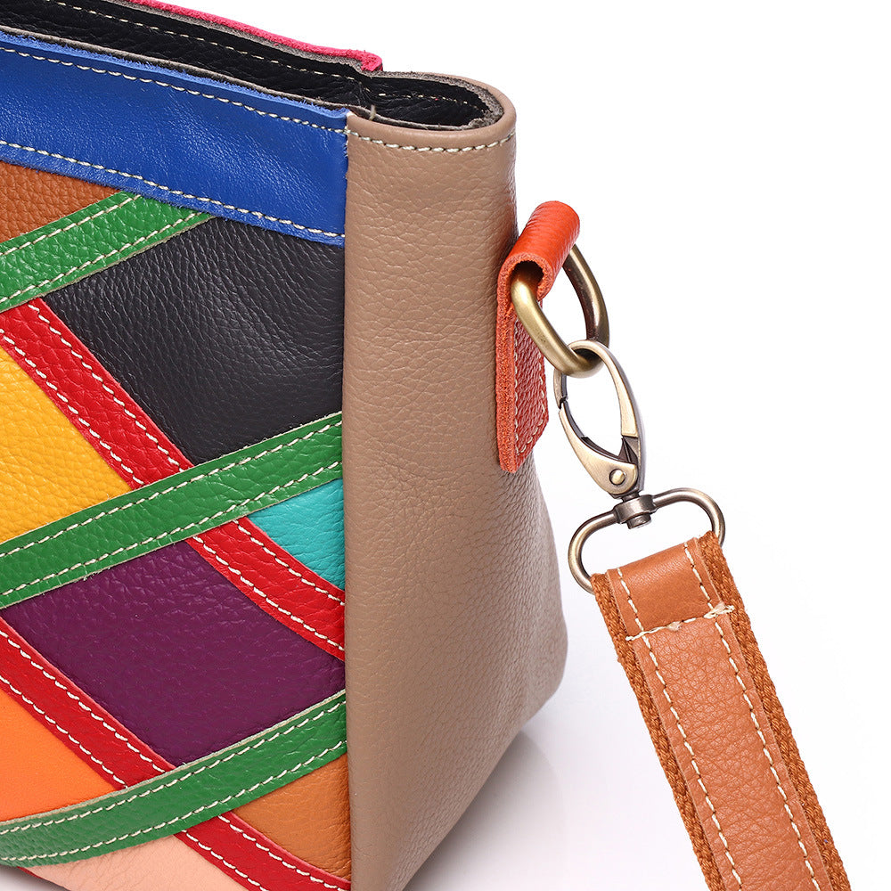 Premium Handcrafted Colorful Plaid Color-Block Cowhide Leather Bag for Women | New Trendy Small Shoulder Purse with Unique Patchwork Design | Fashionable Versatile Handbag for Everyday Chic, Travel & Casual Outings | Statement Accessory with Vibrant