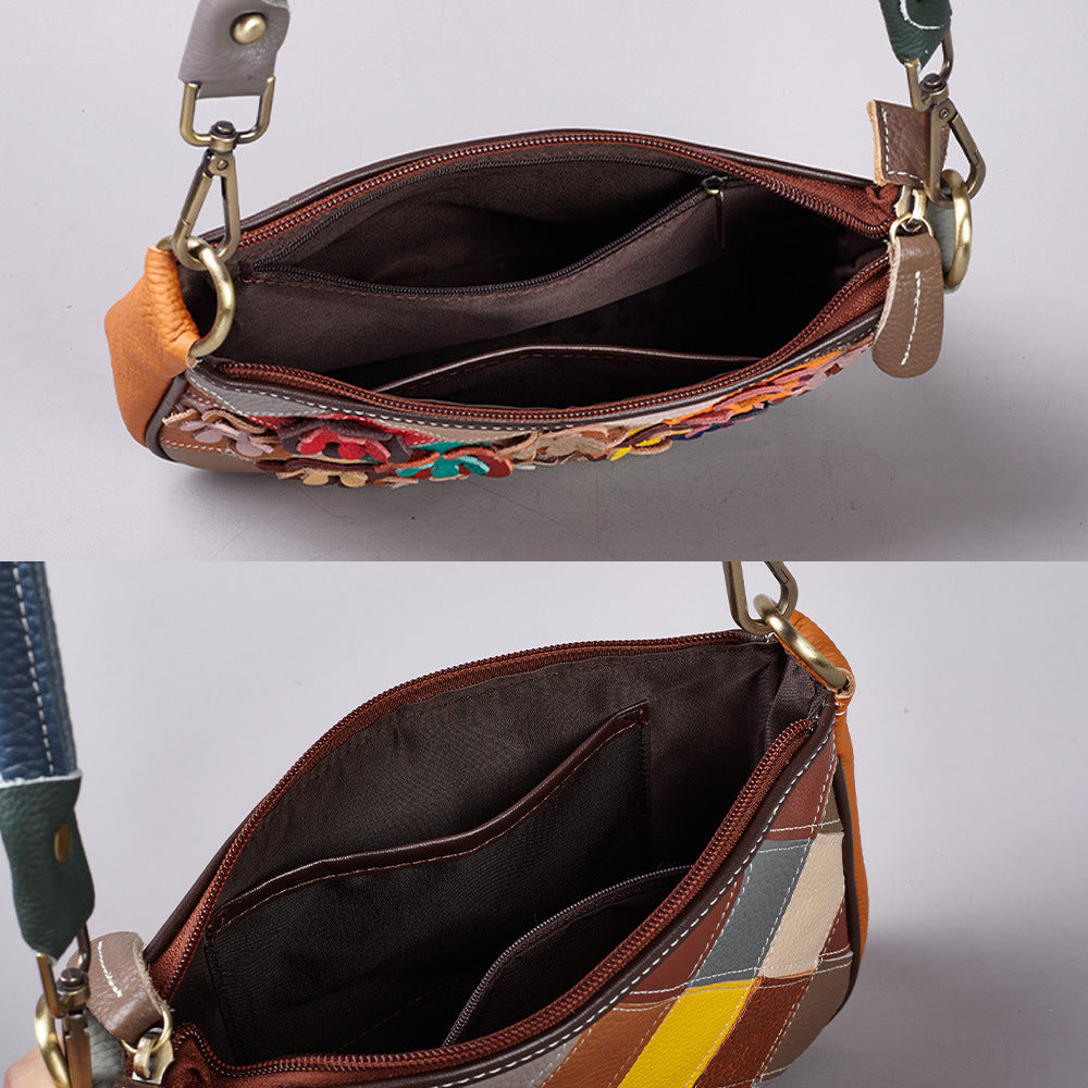 New Handmade Color Block Top Layer Cowhide Bag, Crossbody Top Handle Small Purse, Versatile Wristlet Handbag for Women