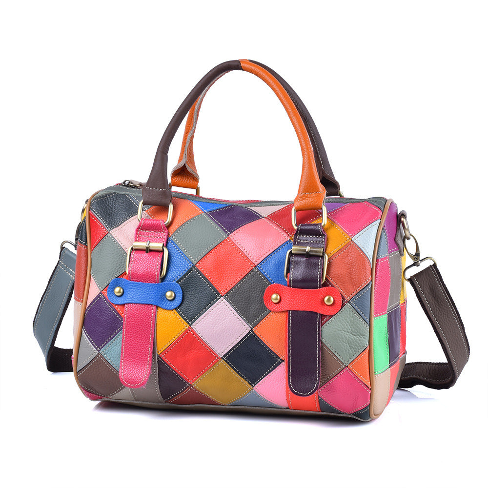 Colorful Plaid Patchwork Genuine Cowhide Bag, Trendy Versatile Top Handle Crossbody Shoulder Purse, Stylish Handbag for Women