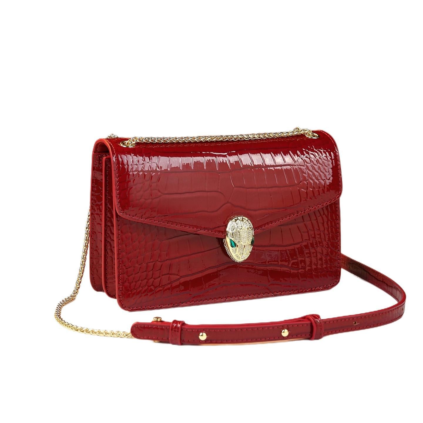 New Arrival Croc-Effect Genuine Leather Small Square Bag for Women, A Serpent-Head Chain Crossbody Shoulder Handbag with Elegant Design