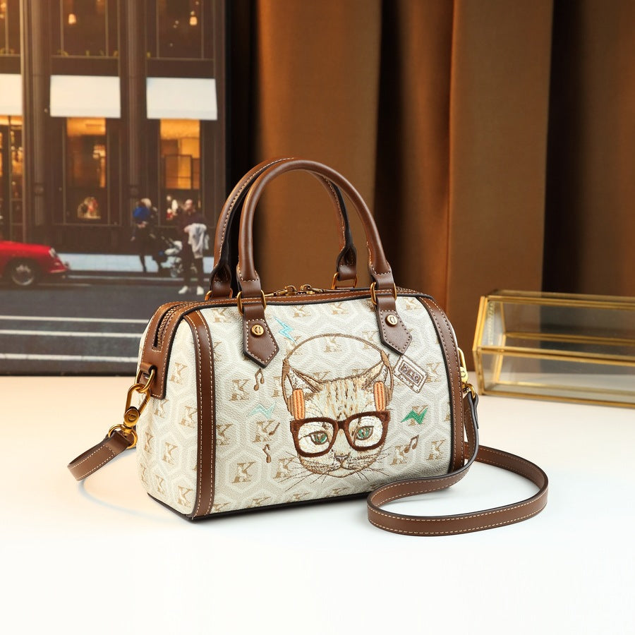 Cat Print Pillow Bag for Women Light Luxury Vintage Shoulder Handbag, Artistic Retro Purse with Playful Feline Design