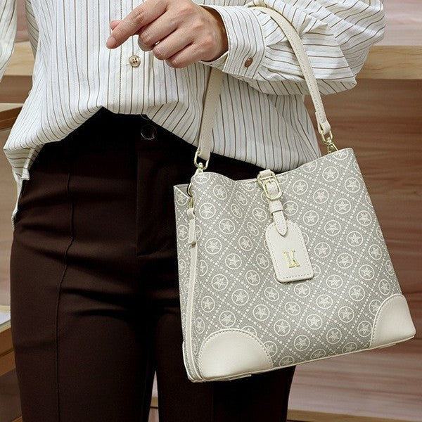 Genuine Leather Vintage Monogram Bucket Bag for Women, Light Luxury Classic Printed Shoulder Crossbody Top Handle Purse, Trendy Handbag for Ladies